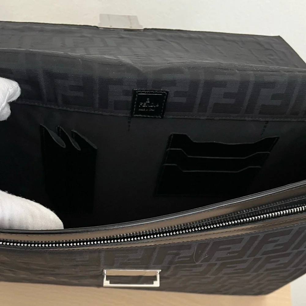Rare FENDI Zucca Black Monogram Briefcase Unisex Canvas Leather EUC 1990s